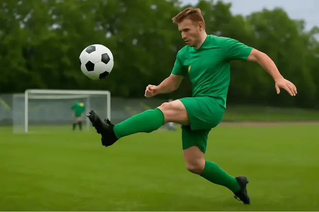 Dynamische Voetbalactie Krachtige Trap op een Groene Veld- Voetbalwedstrijden volgende week